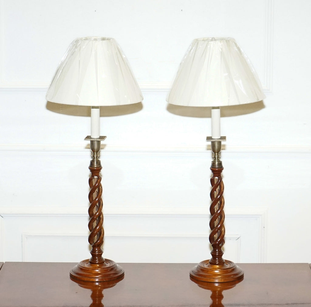 ANTIQUE PAIR OF ENGLISH OPEN BARLEY TWIST CONVERTED CANDLESTICKS TO  TABLE LAMPS