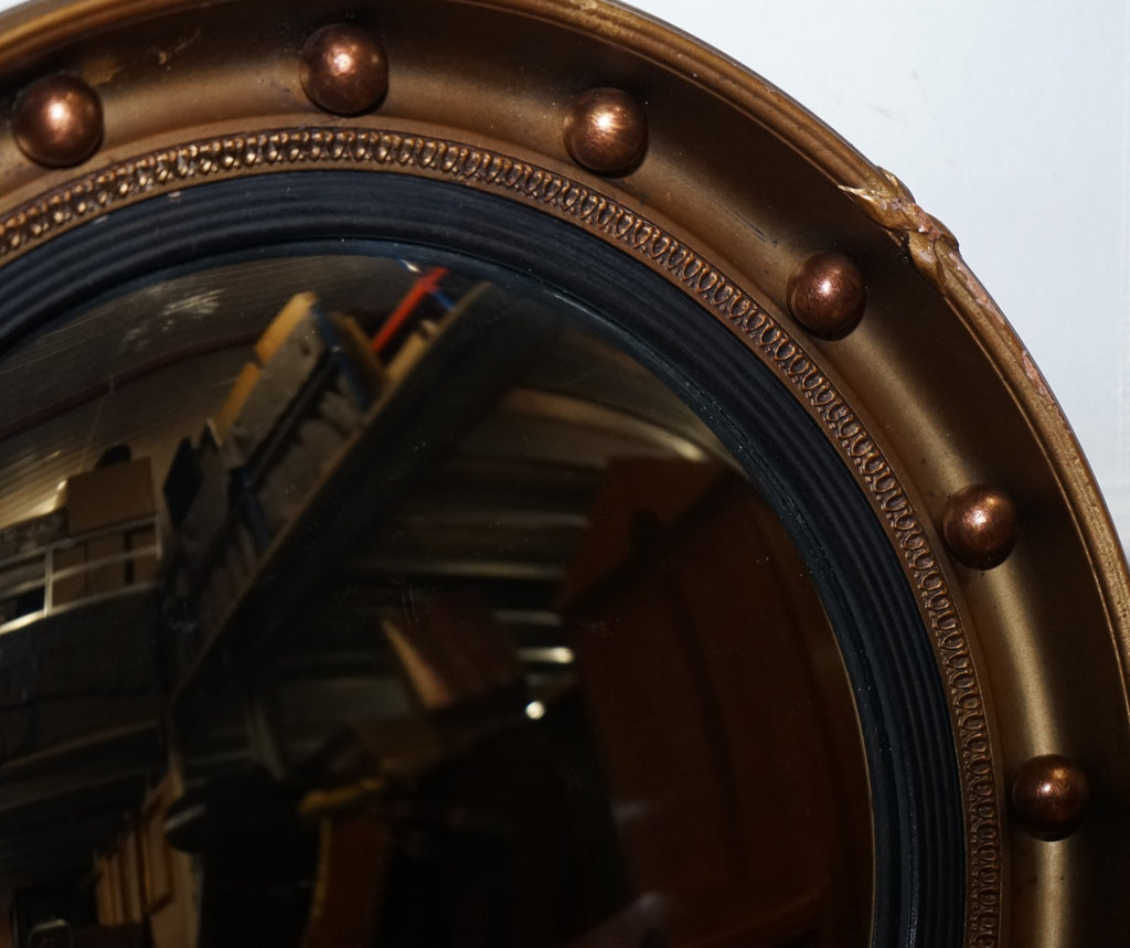 ANTIQUE 1920'S BUTLERS CONVEX GOLD GILT WOOD WALL MIRROR 42 CM DIAMETER