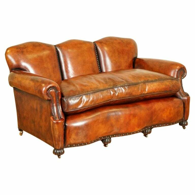 FULLY RESTORED HAND DYED WHISKY BROWN EDWARDIAN SOFA WITH FEATHER FILLED CUSHION