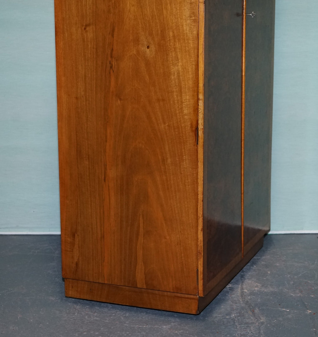 1930s PETITE VINTAGE ENGLISH ART DECO BURR WALNUT DOUBLE WARDROBE LINEN PRESS