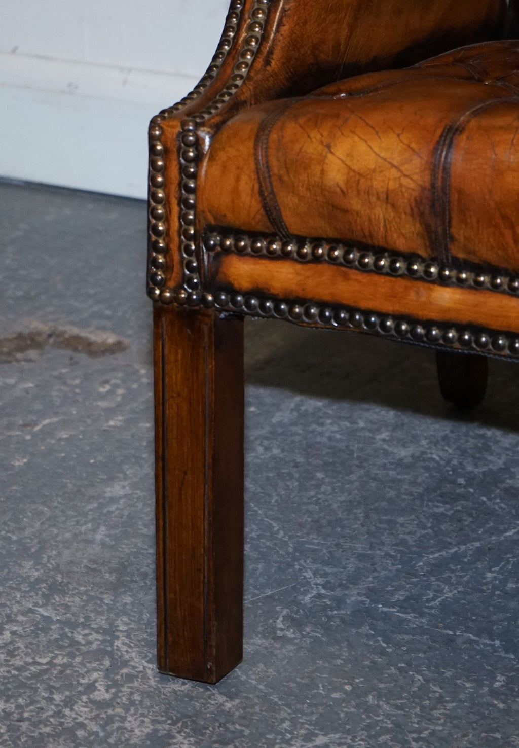 STUNNING 1960'S HAND DYED BROWN LEATHER CHESTERFIELD WINGBACK ARMCHAIRS