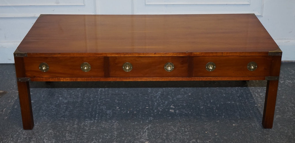 VINTAGE BURR YEW WOOD BRASS MILITARY CAMPAIGN 3 DRAWER COFFEE TABLE
