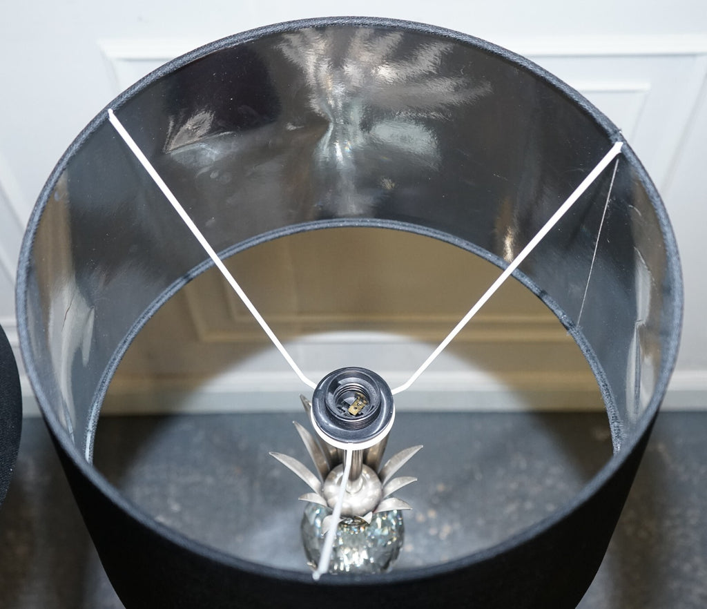 PAIR OF LOVELY FLOOR LAMPS WITH PINEAPPLE DESIGN STAINLESS STEEL BLACK SHADE