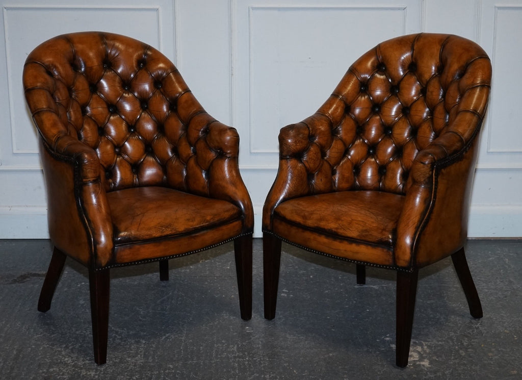 SET OF FOUR ENGLISH CHESTERFIELD HAND DYED LEATHER OFFICE LIBRARY TUB CHAIRS