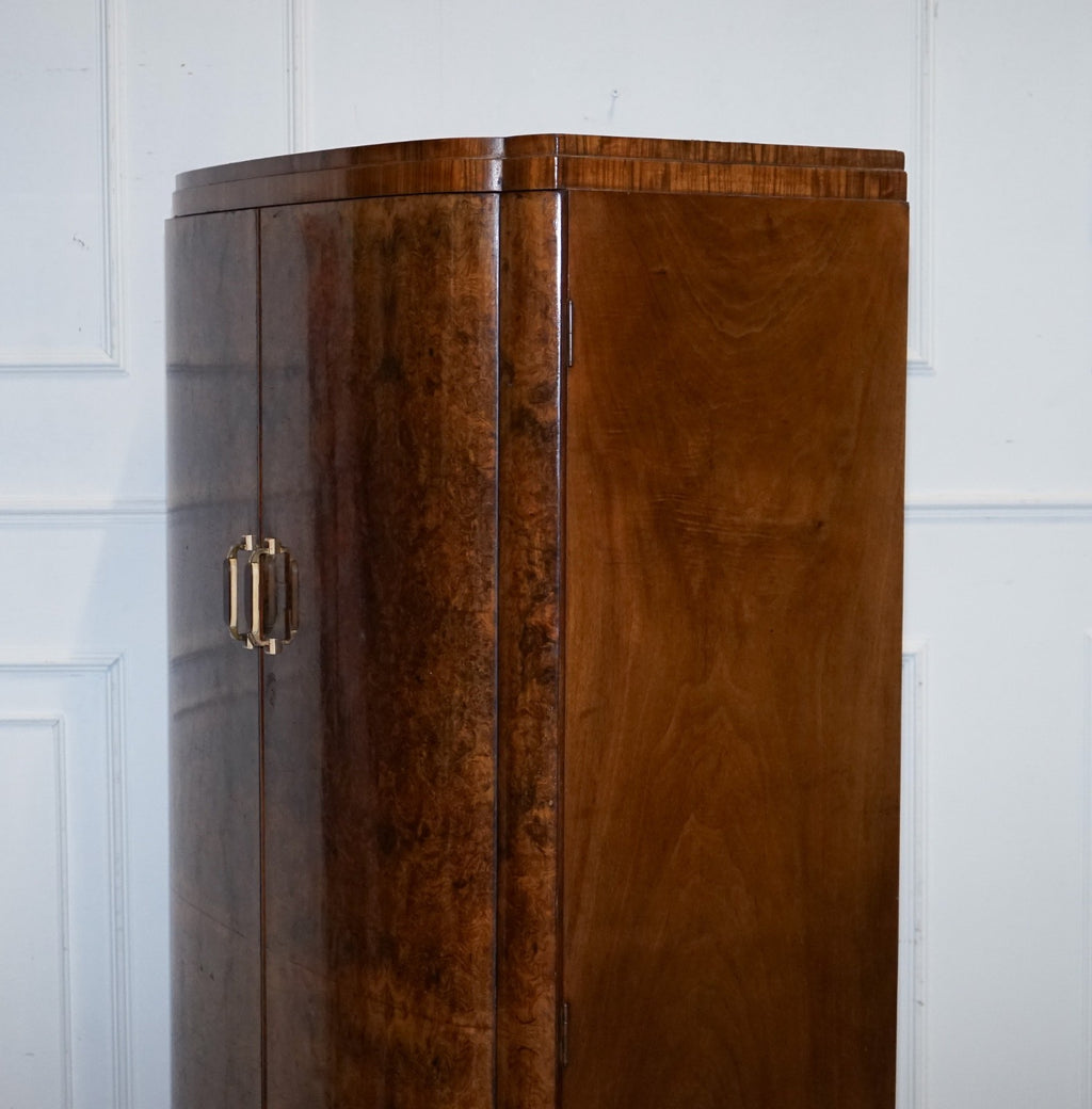 ANTIQUE CIRCA 1930'S ENGLISH BURR WALNUT ART DECO TWO DOOR WARDROBE WITH SHELVES