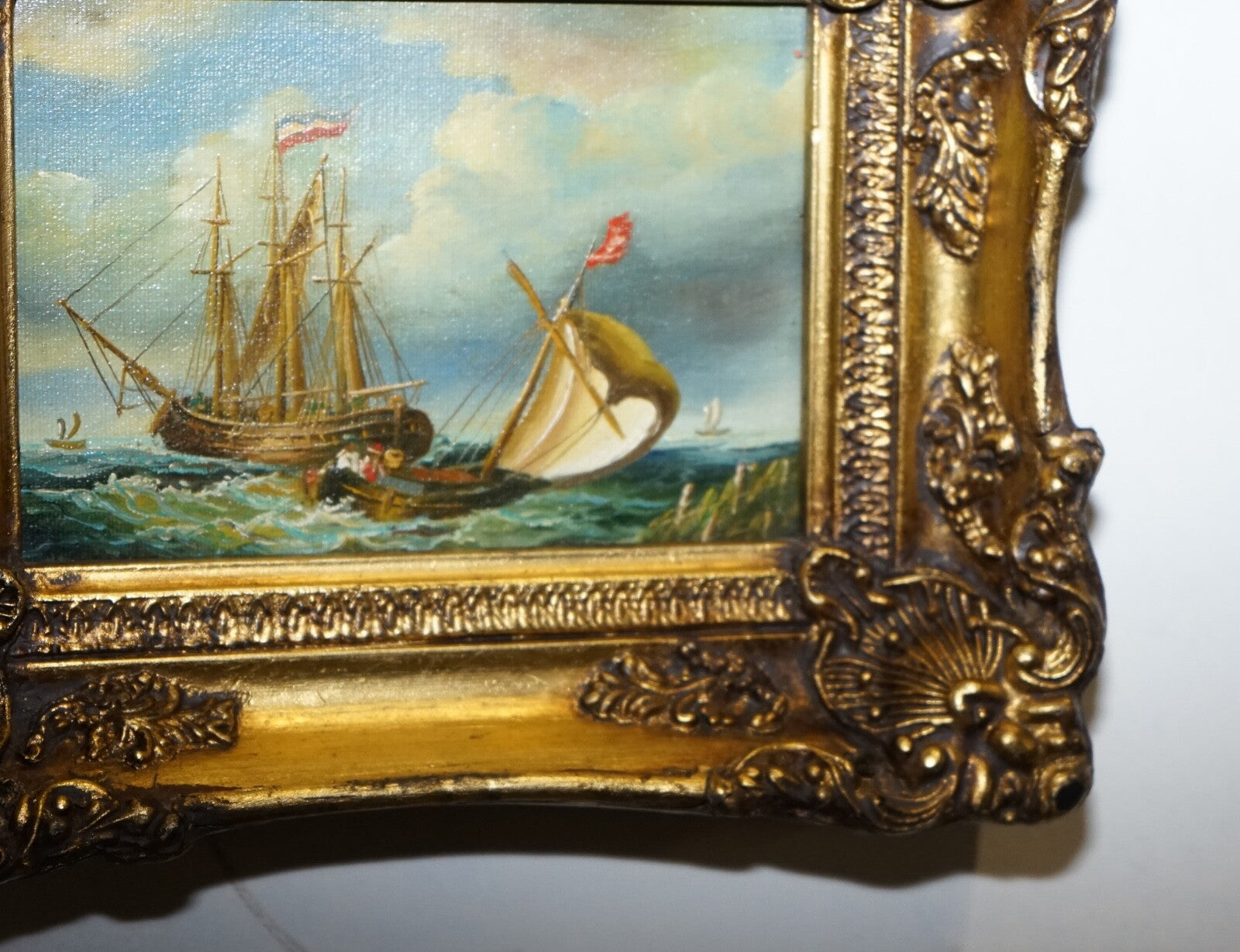 FINE ANTIQUE EARLY 20TH CENTURY OIL PAINTING OF FRENCH SHIP GILTWOOD FRAME