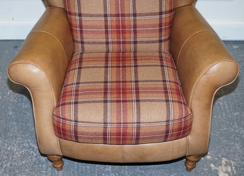 STUNNING PAIR OF  ALEXANDER & JAMES LAWRENCE LEATHER & FABRIC WINGBACK ARMCHAIRS