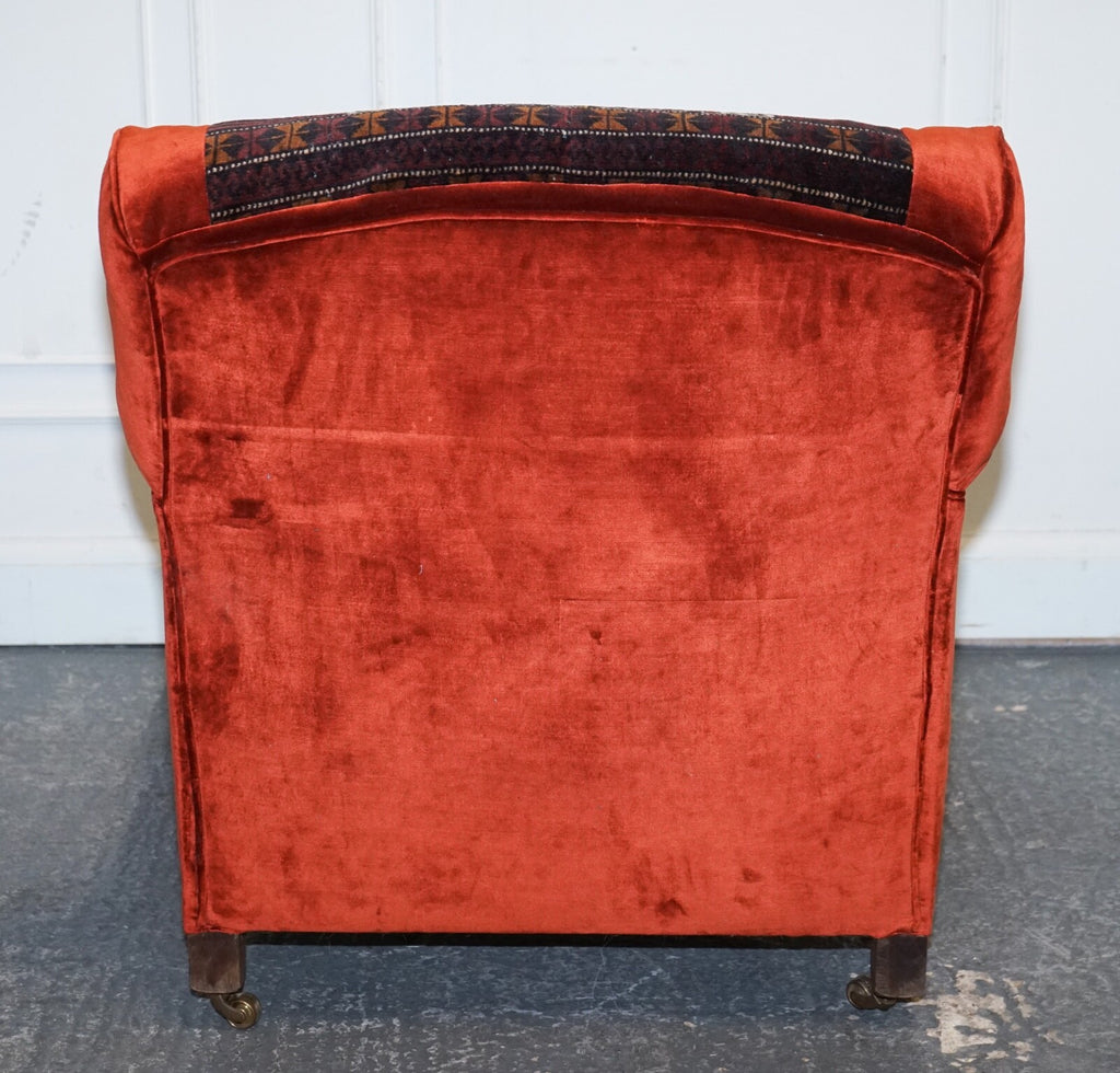 VINTAGE RED VELVET & AZTEC KILIM UPHOLSTERED HOWARD GEORGE SMITH STYLE ARMCHAIR