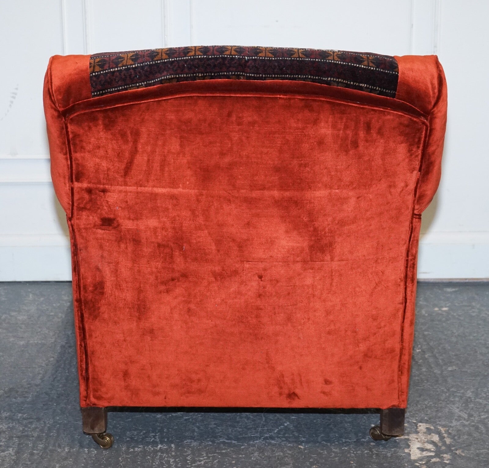VINTAGE RED VELVET & AZTEC KILIM UPHOLSTERED HOWARD GEORGE SMITH STYLE ARMCHAIR