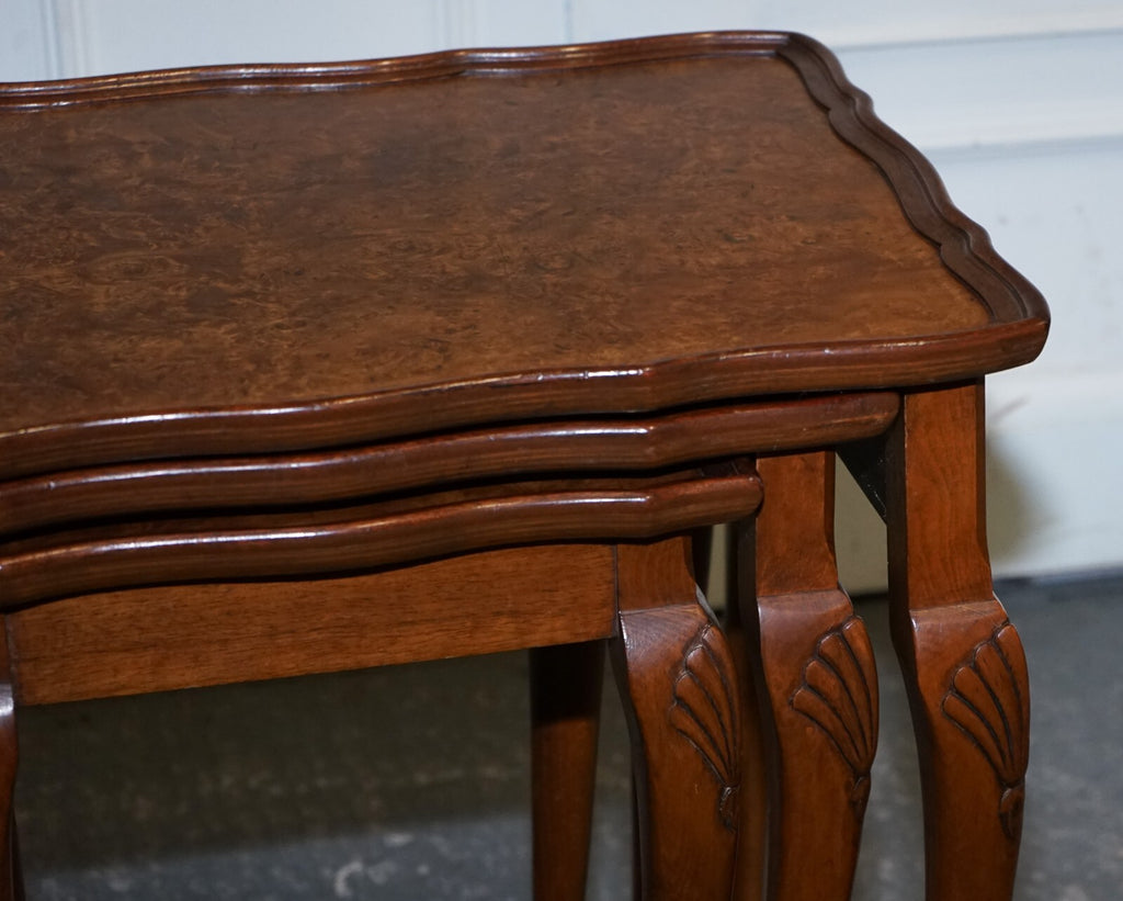 1920 ART DECO BURR WALNUT NEST OF THREE TABLES QUEEN ANNE LEGS