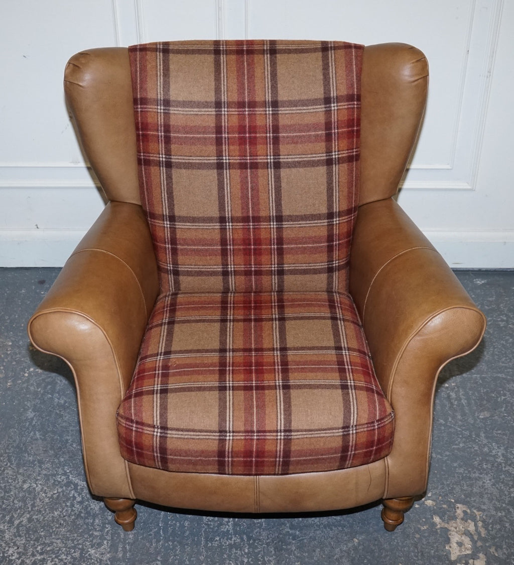 STUNNING PAIR OF  ALEXANDER & JAMES LAWRENCE LEATHER & FABRIC WINGBACK ARMCHAIRS