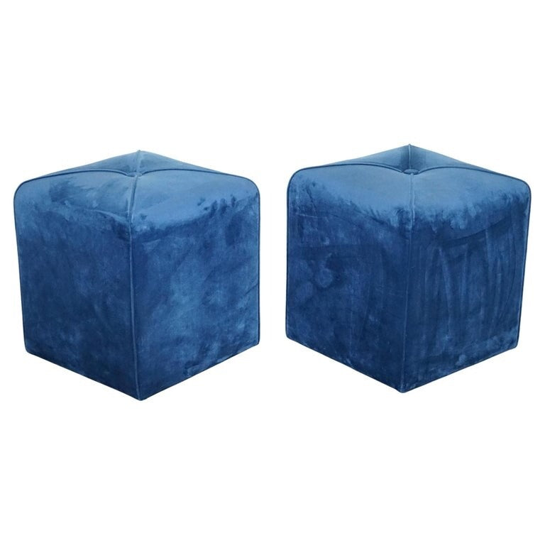 EX SHOWROOM ART DECO STYLE PAIR OF BLUE VELVET TOUCH FABRIC BLUE STOOLS