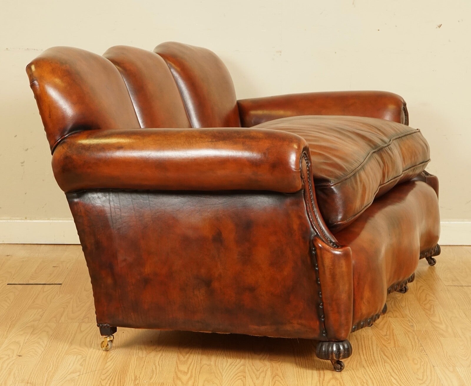 FULLY RESTORED HAND DYED WHISKY BROWN EDWARDIAN SOFA WITH FEATHER FILLED CUSHION