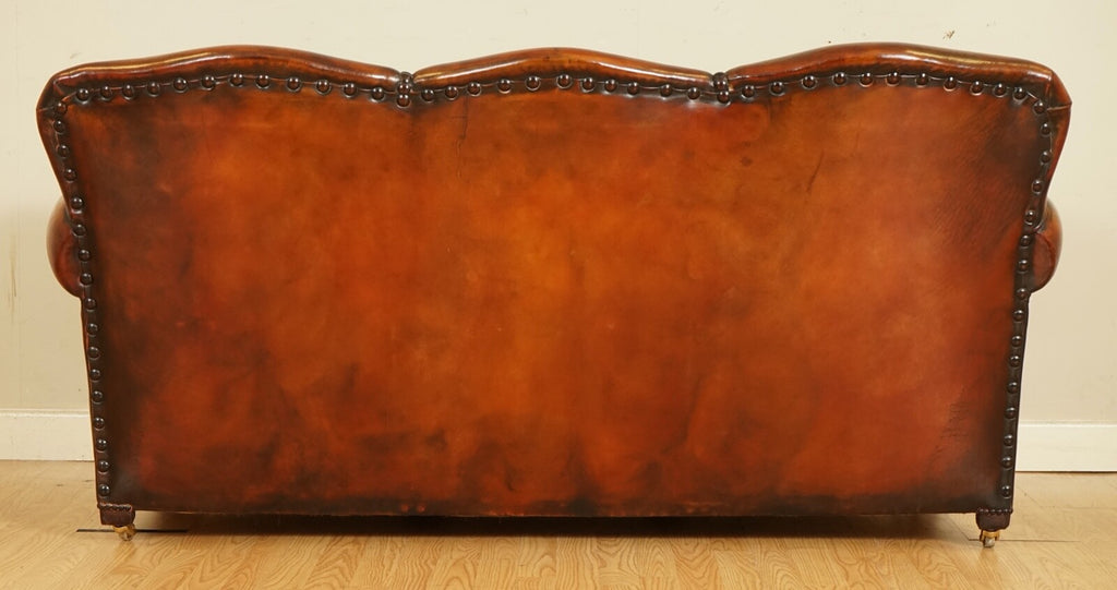 FULLY RESTORED HAND DYED WHISKY BROWN EDWARDIAN SOFA WITH FEATHER FILLED CUSHION