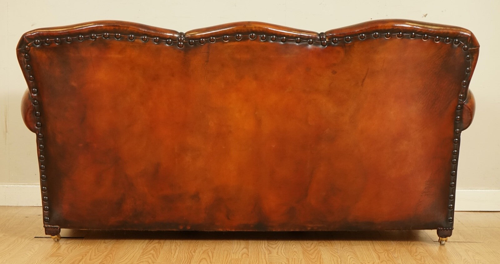 FULLY RESTORED HAND DYED WHISKY BROWN EDWARDIAN SOFA WITH FEATHER FILLED CUSHION