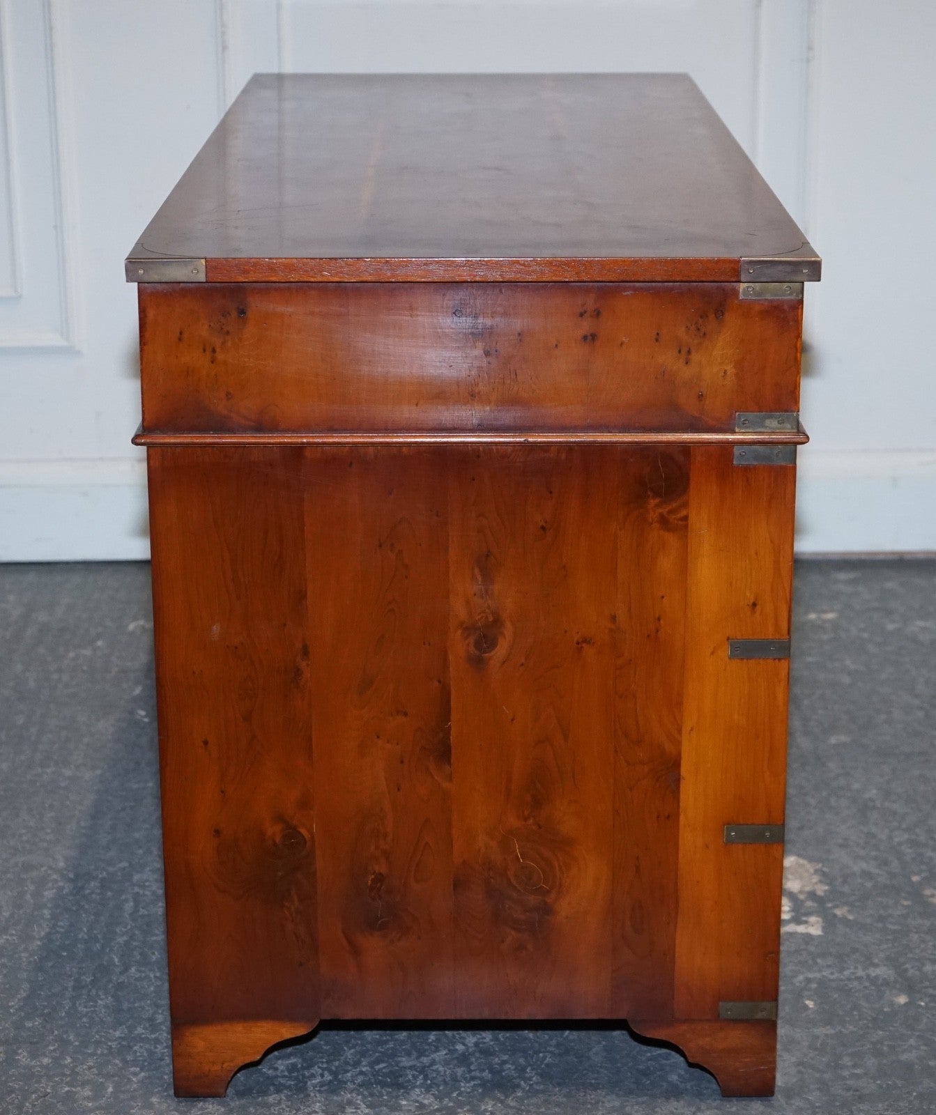 VINTAGE MILITARY CAMPAIGN YEW WOOD TWIN PEDESTAL DESK