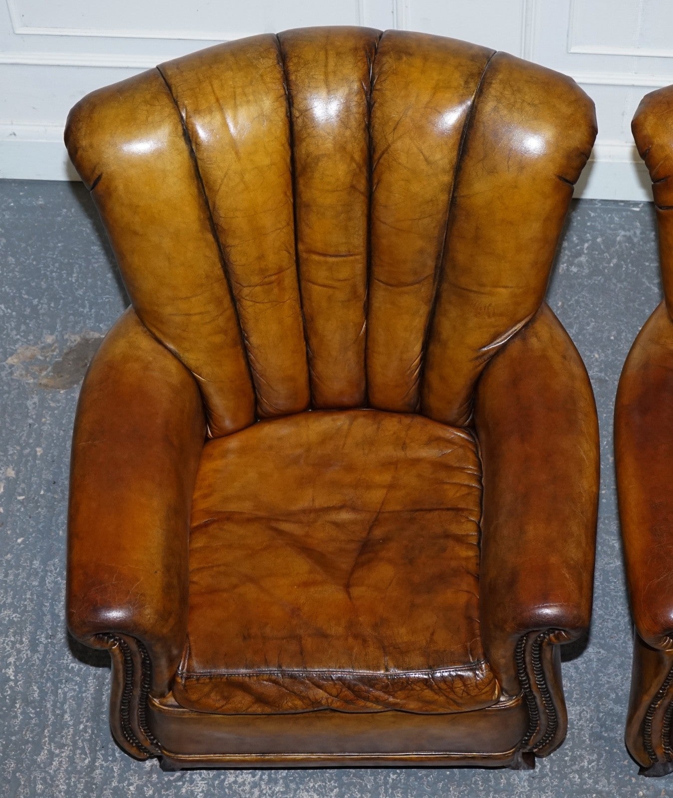 VINTAGE PAIR OF ART DECO STYLE HAND DYED LEATHER SHELL ARM CHAIRS