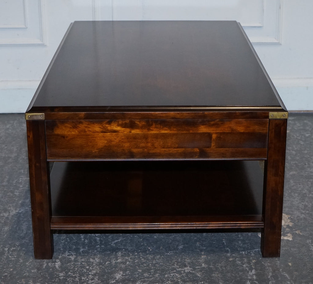 VINTAGE MILITARY CAMPAIGN MAHOGANY & BRASS COFFEE TABLE WITH TWO DRAWERS