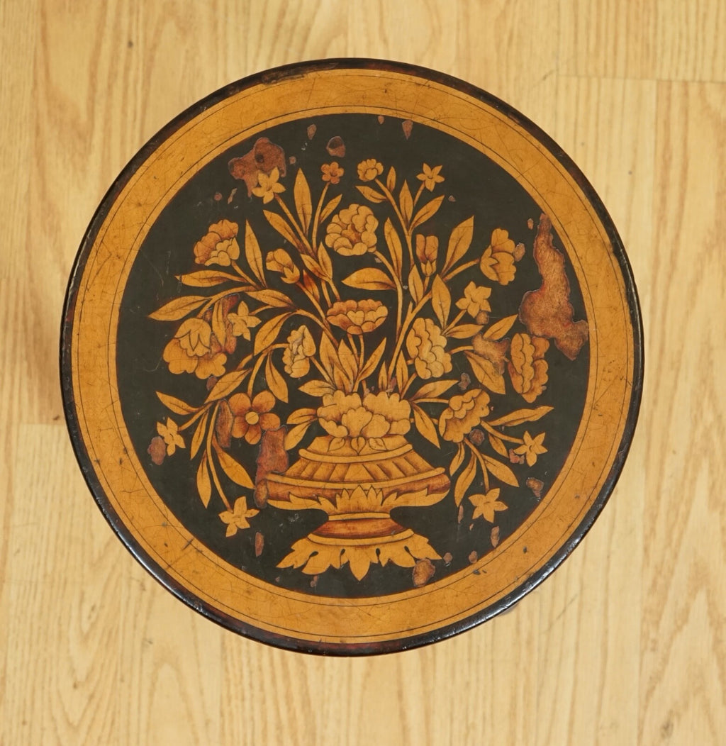 LOVELY DUTCH MARQUETRY LACQUERED STOOL SIDE END TABLE