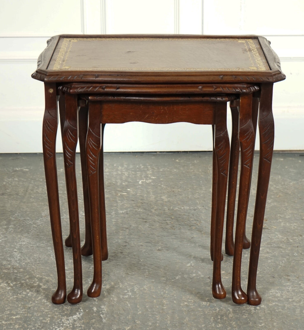 VINTAGE NEST OF TABLES QUEEN ANNE STYLE LEGS WITH BROWN EMBOSSED LEATHER TOP