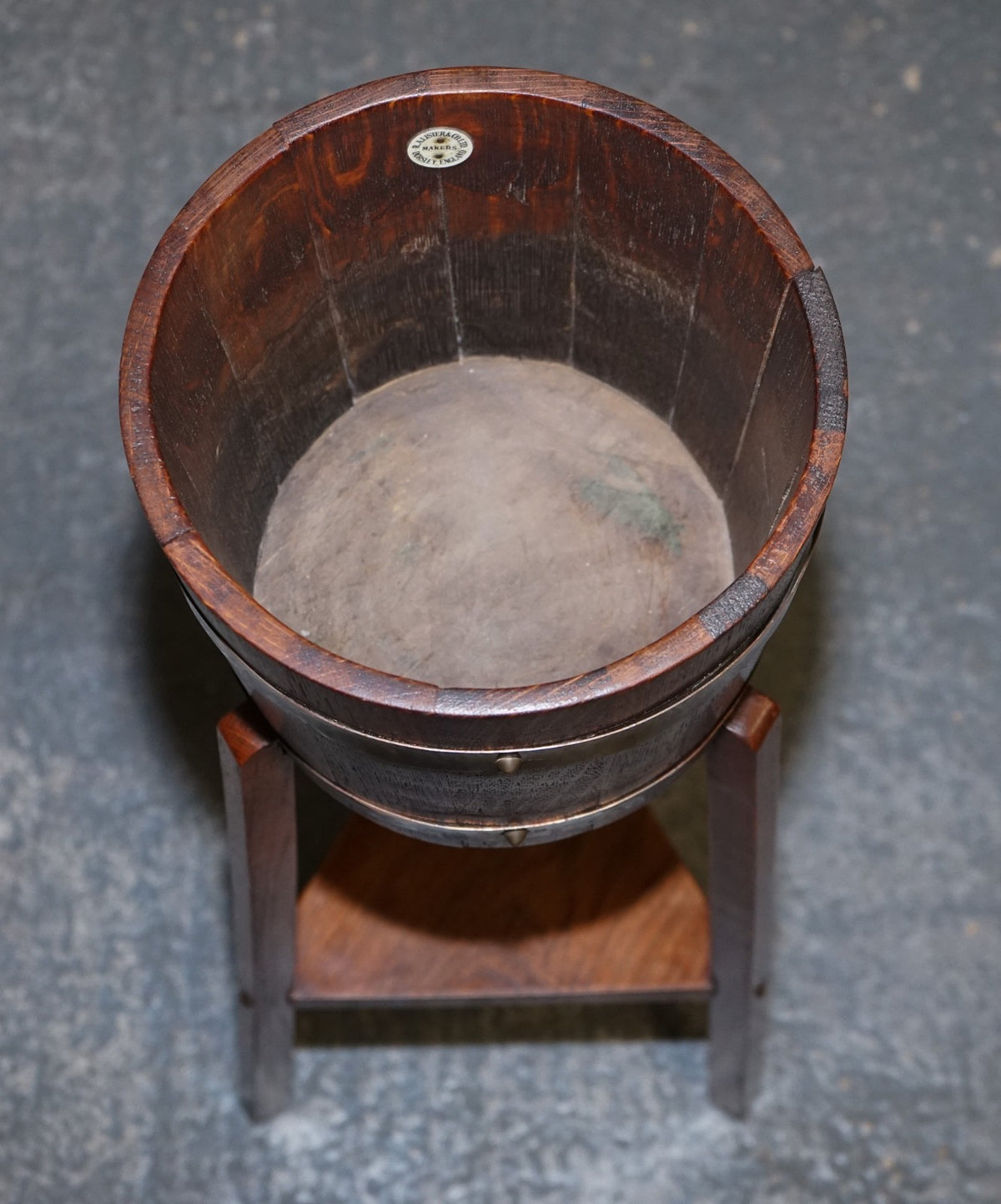 ANTIQUE EDWARDIAN OAK PLANT OR CHAMPAGNE STAND BY R.A. LISTER & CO ENGLAND