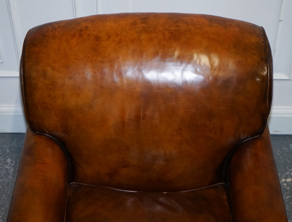 LARGE PAIR HOWARD STYLE HAND DYED LEATHER ARMCHAIRS FEATHER FILLED CUSHIONS