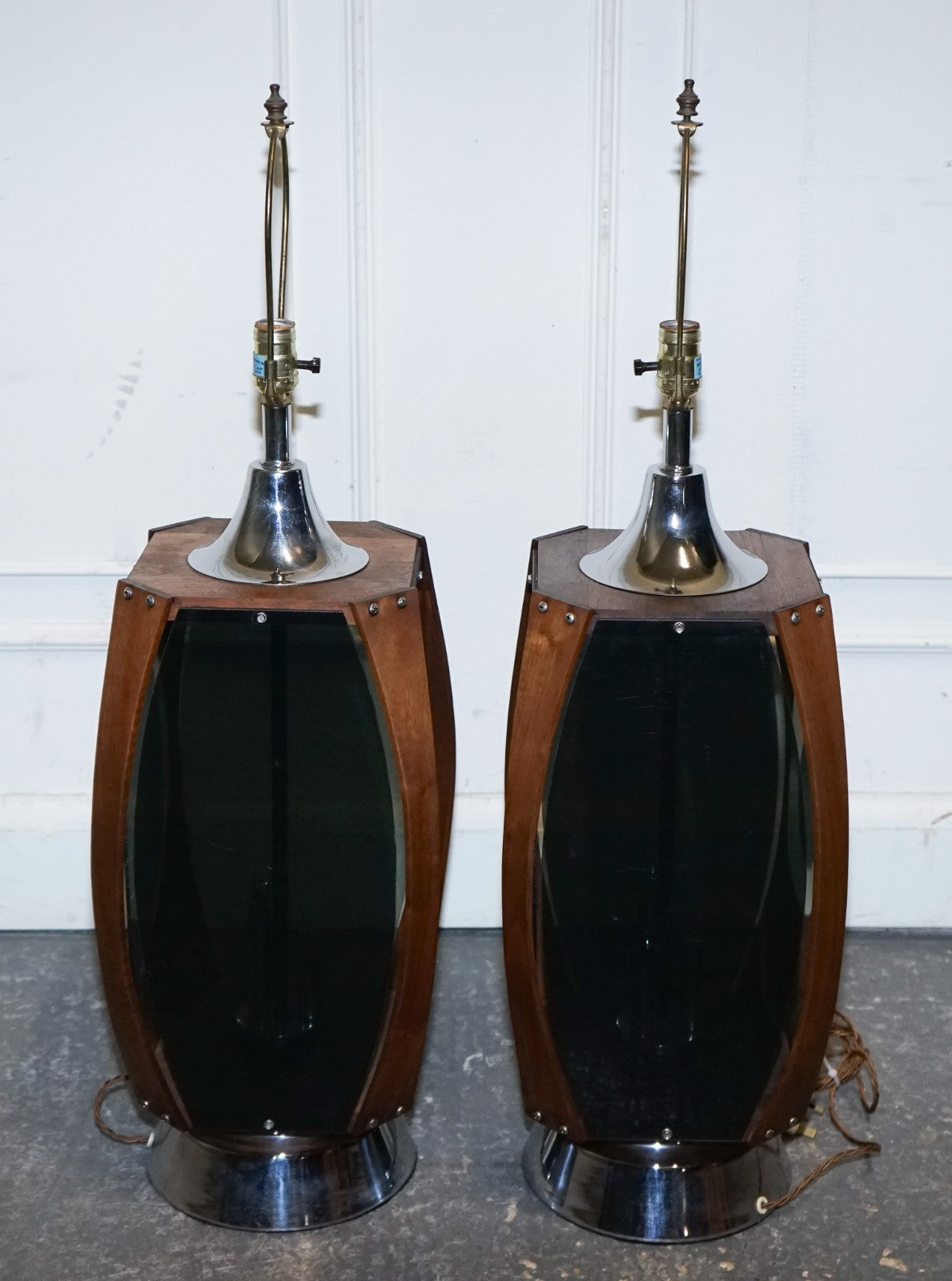 PAIR OF LARGE MODERN DANISH ACRYLIC & TEAK MID CENTURY LAMPS