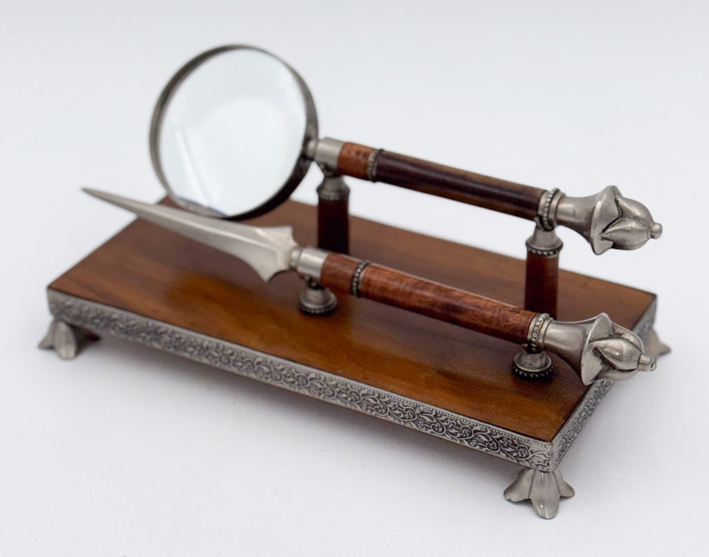 ANTIQUE ENGLISH WALNUT RECEPTION DESK LETTER SET MAGNIFYING GLASS