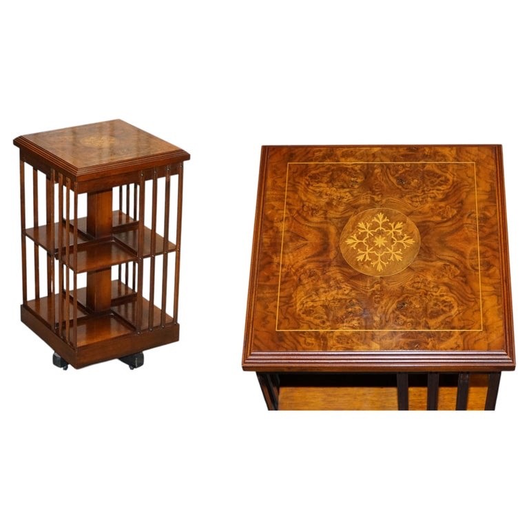 VINTAGE BURR WALNUT TOP REVOLVING BOOKCASE RAISED ON CASTORS