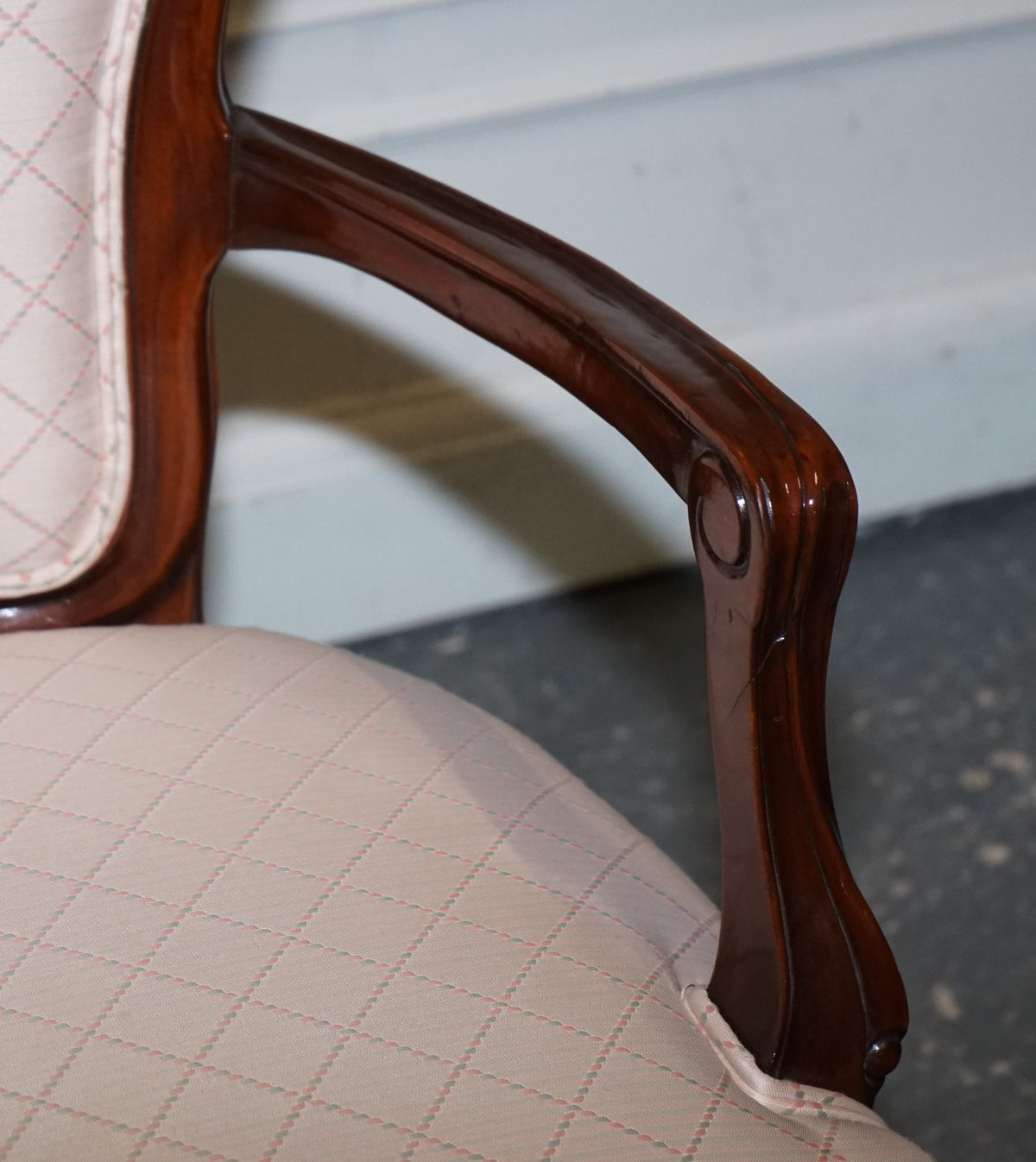 VINTAGE FRENCH STYLE WALNUT UPHOLSTERED SALON ARMCHAIR