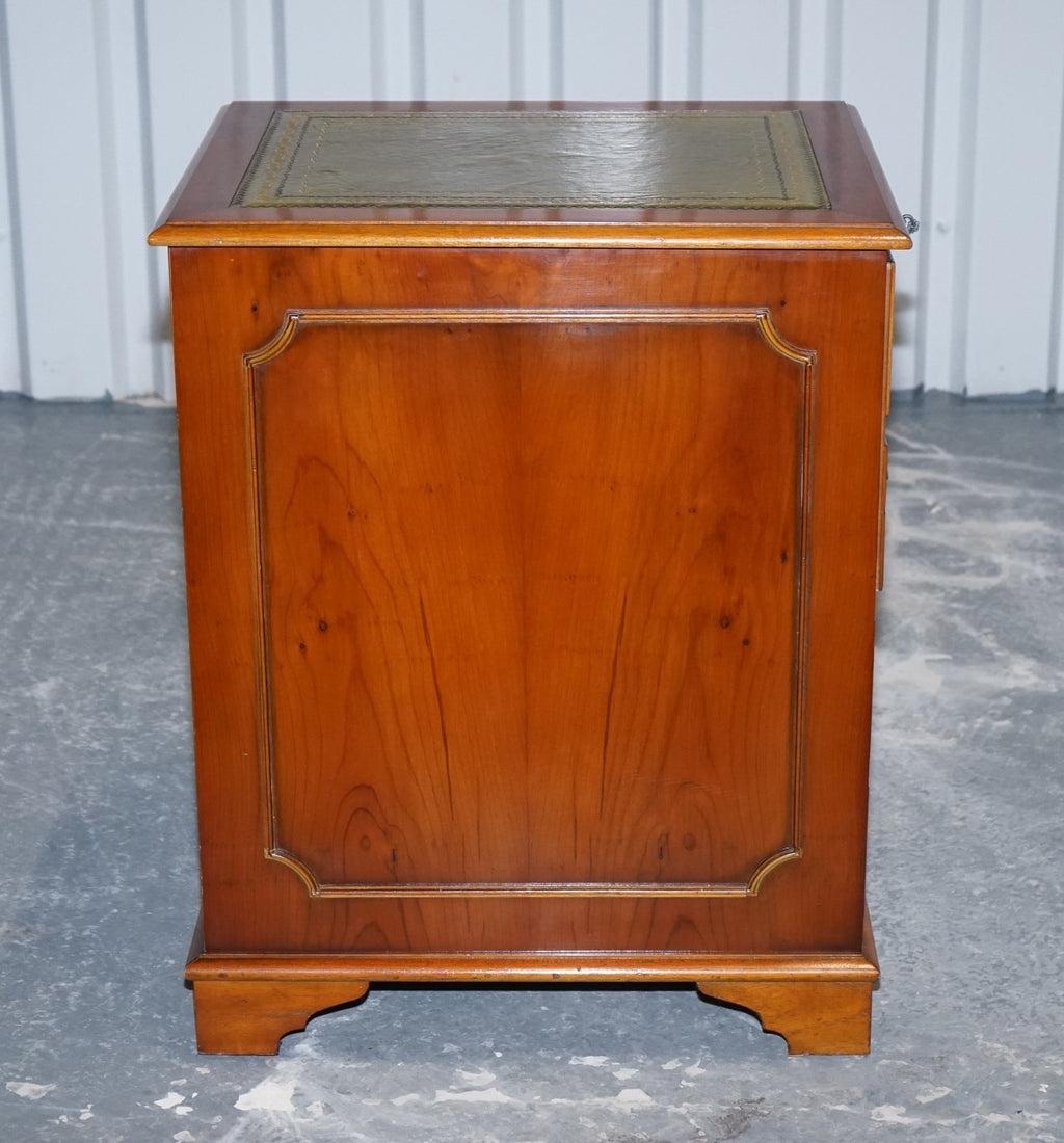 VINTAGE YEW WOOD FILLING CABINET WITH GREEN LEATHER TOP AND TWO DRAWERS (2)