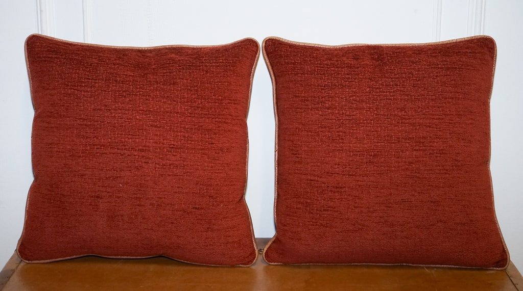 VINTAGE PAIR OF FEATHER FILLED CHESTNUT BROWN LEATHER & FABRIC SCATTER CUSHIONS