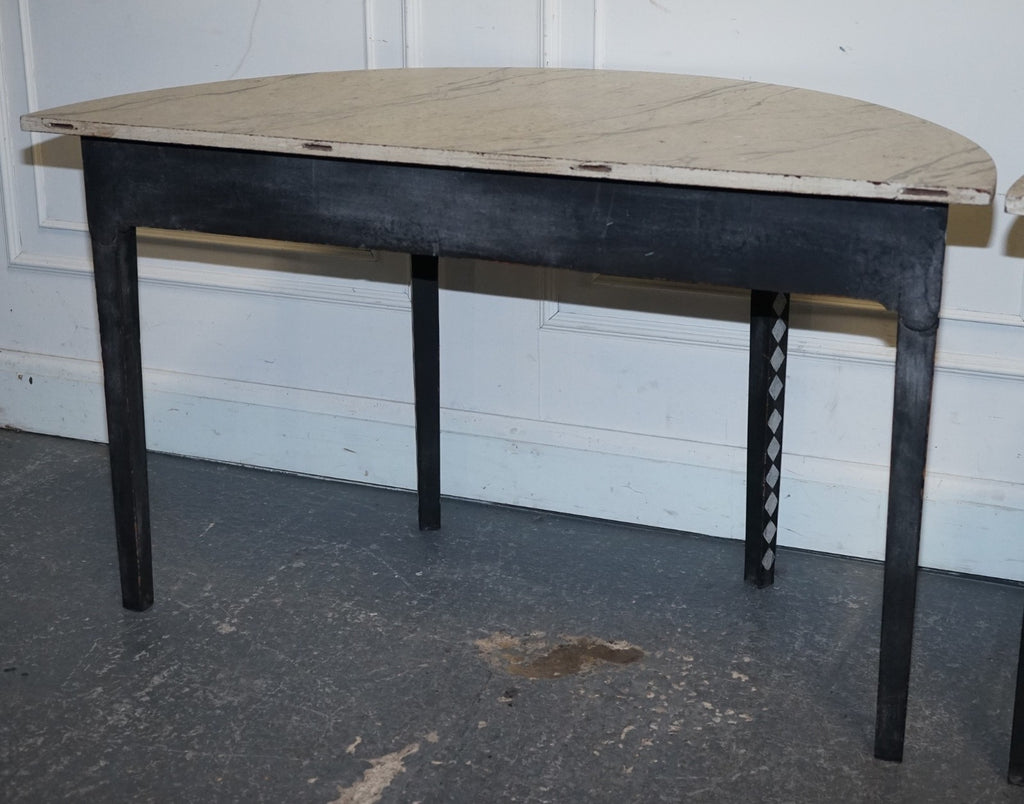ENGLISH GEORGIAN HAND PAINTED PAIR OF DEMI LUNE SIDE CONSOLE TABLE MARBLE EFFECT