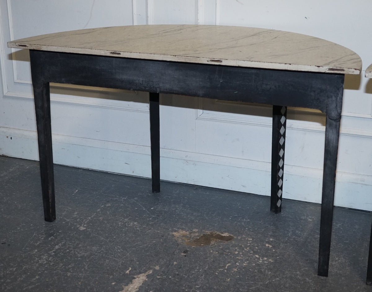 ENGLISH GEORGIAN HAND PAINTED PAIR OF DEMI LUNE SIDE CONSOLE TABLE MARBLE EFFECT