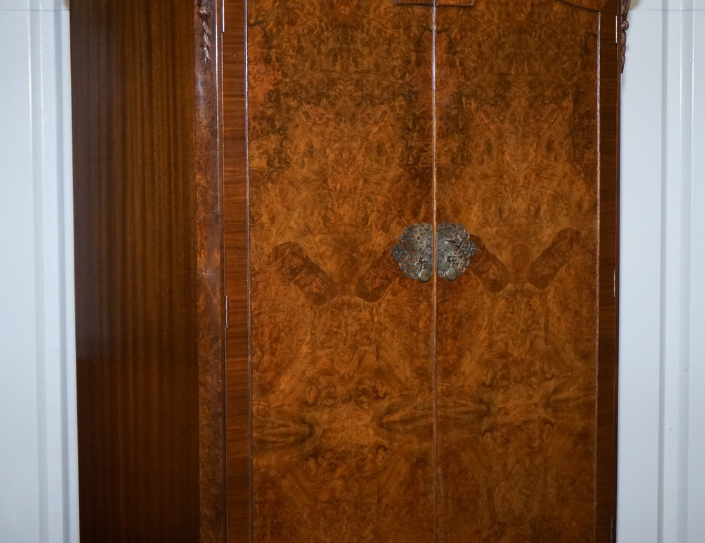 ART DECO 1920'S QUEEN ANNE ENGLiSH  BURR WALNUT TWO DOOR WARDROBE