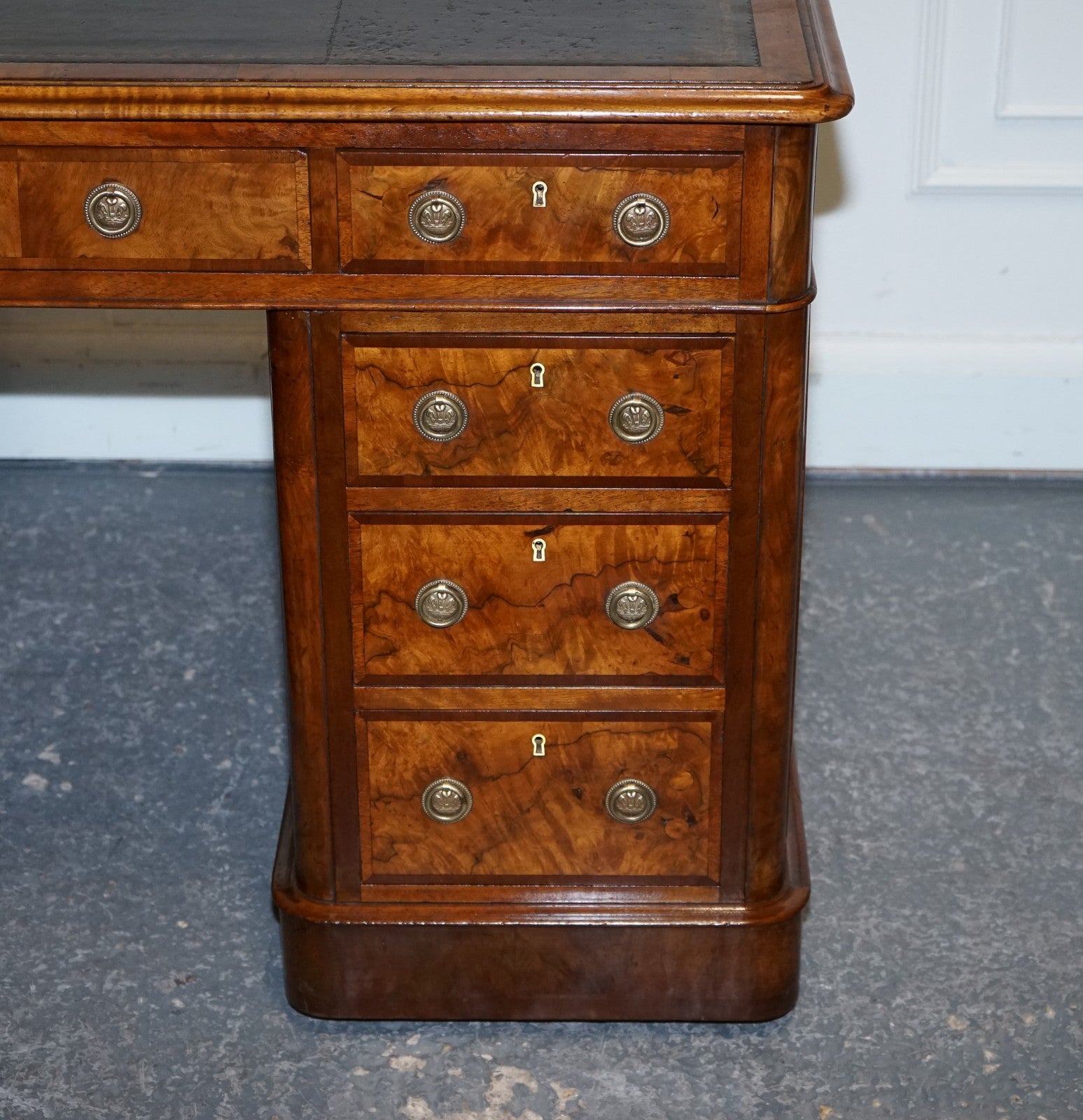 IMPORTANT ROYAL DRUCE & CO LONDON 1840's RESTORED BURR WALNUT TWIN PEDESTAL DESK