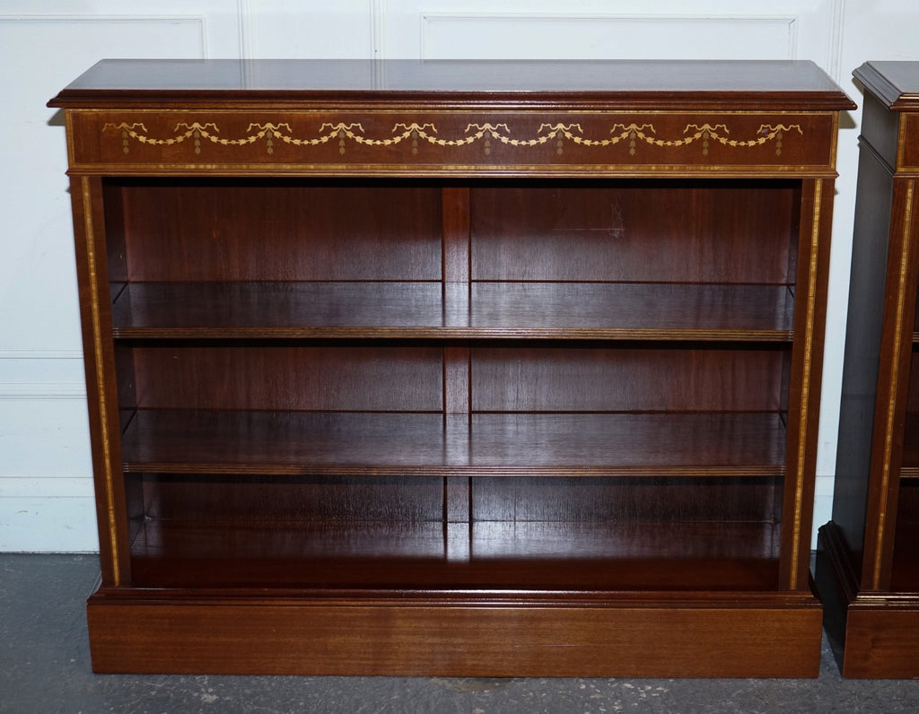 PAIR VINTAGE EDWARDIAN STYLE SHERATON DWARF OPEN BOOKCASE ADJUSTABLE SHELVES