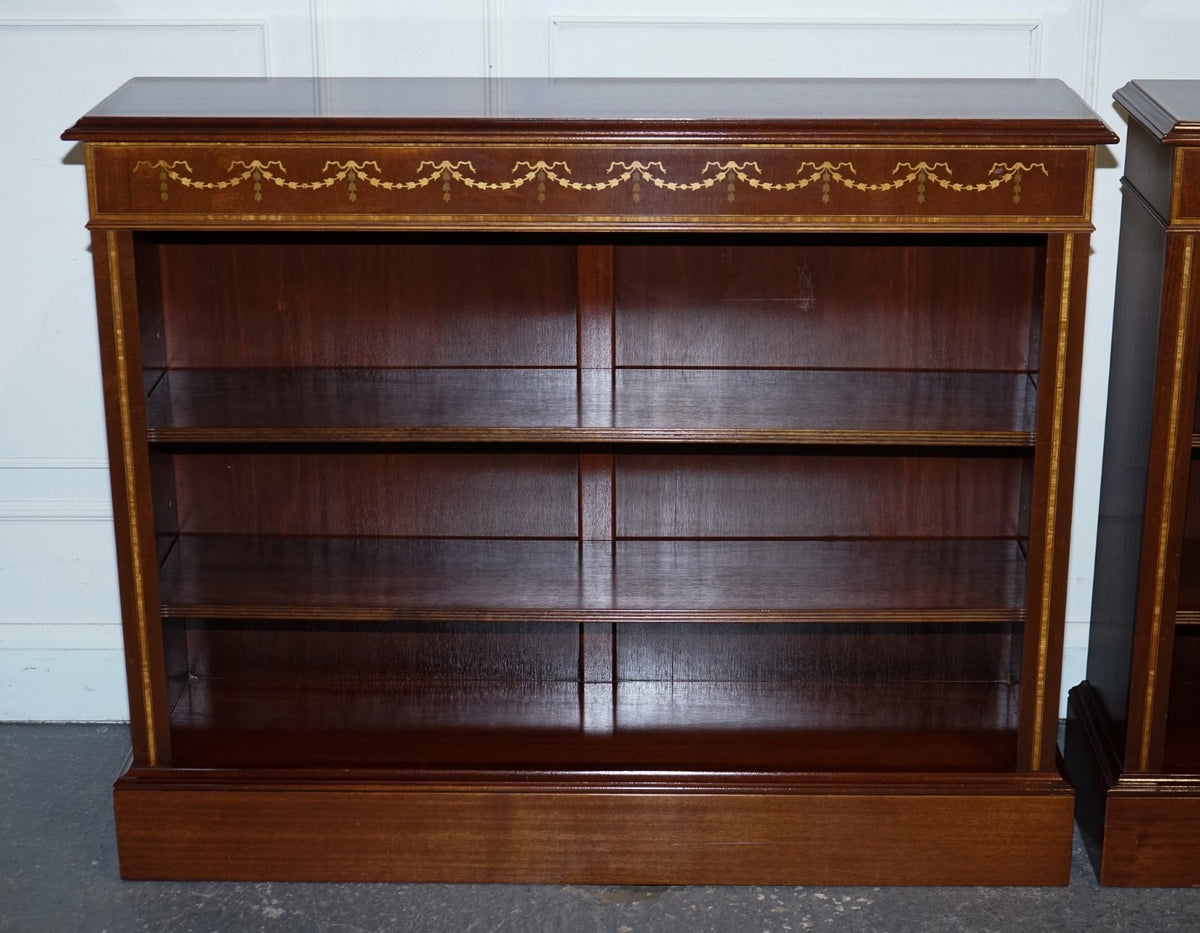 PAIR VINTAGE EDWARDIAN STYLE SHERATON DWARF OPEN BOOKCASE ADJUSTABLE SHELVES
