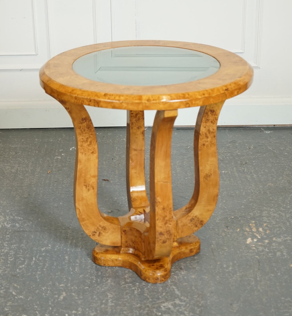 ART DECO BURR WALNUT CIRCULAIR PEDESTAL ROUND CONSOLE CENTER TABLE J1