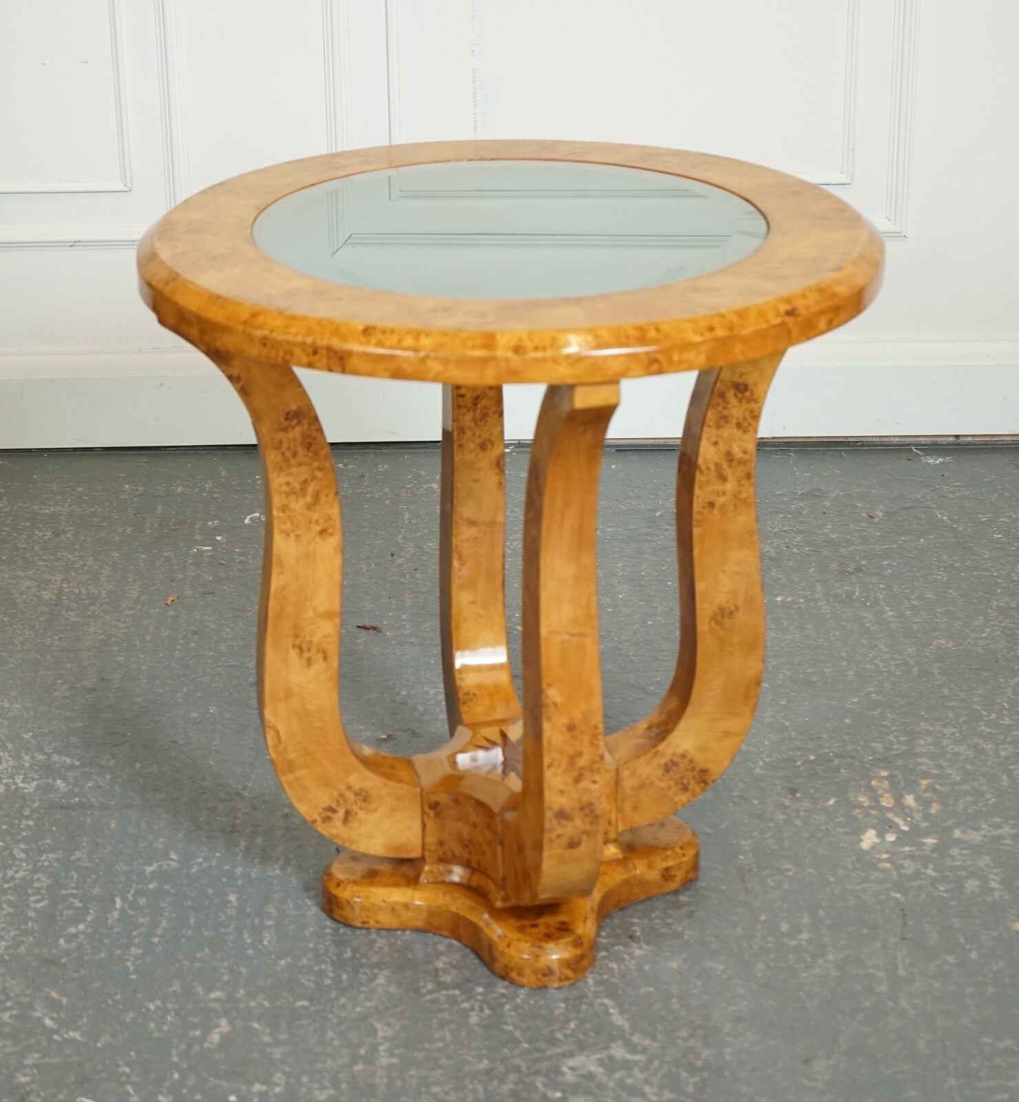 ART DECO BURR WALNUT CIRCULAIR PEDESTAL ROUND CONSOLE CENTER TABLE J1