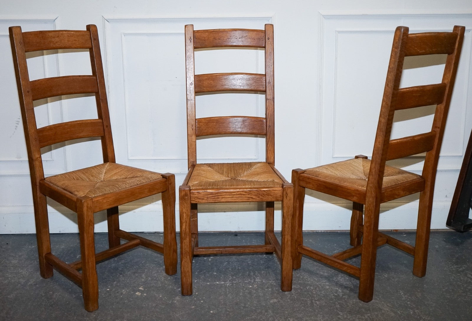 1950'S FRENCH SET OF 6 FARM COUNTRY HOUSE LADDER BACK DINING CHAIRS STRAW SEATS