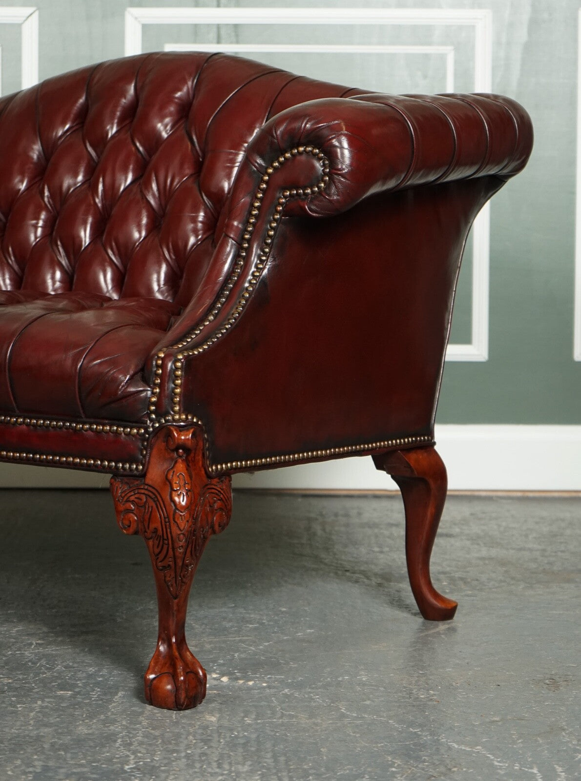 RESTORED HAND DYED BURGUNDY HUMP CAMEL BACK REGENCY CHESTERFIELD BUTTONED SOFA