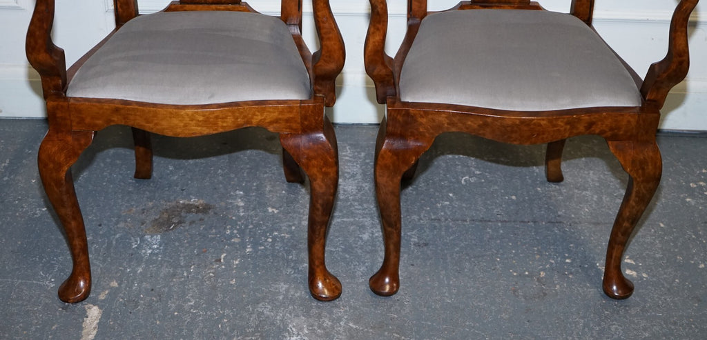 1920'S ART DECO PAIR OF QUEEN ANNE STYLE BURR WALNUT HALLWAY ELBOW ARMCHAIRS