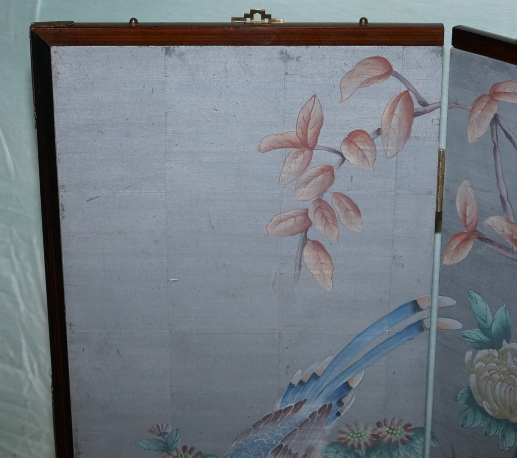 VINTAGE EXOTIC ORIENTAL BIRDS & FLOWERS FOLDING FOUR PANEL PETITE ROOM DIVIDER