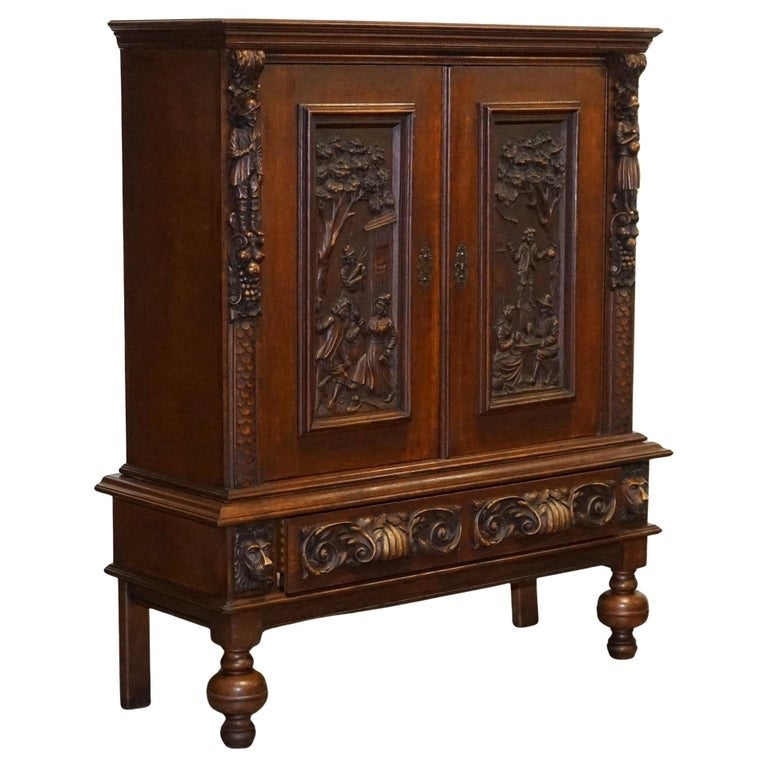 19TH CENTURY RENAISSANCE STYLE FRENCH CARVED WALNUT CABINET WITH SHELVES