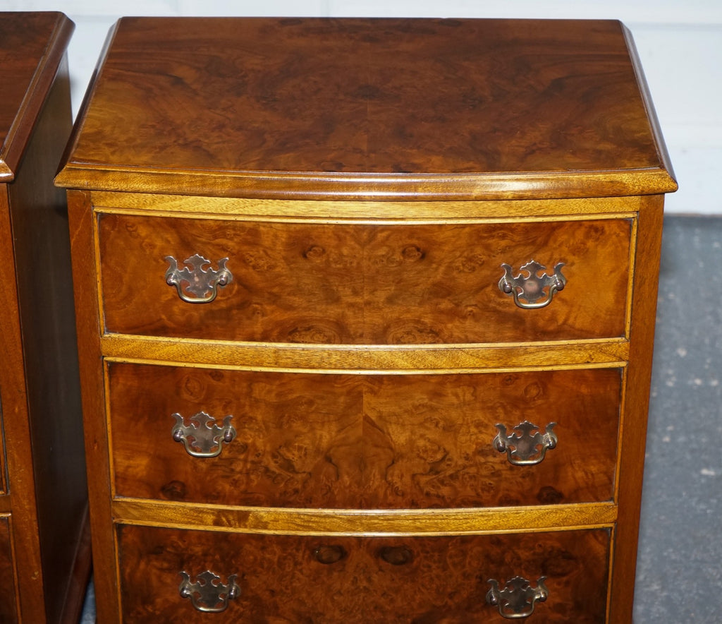 PAIR OF RESTORED BURR WALNUT BEDSIDE NIGHTSTAND CHEST OF DRAWERS