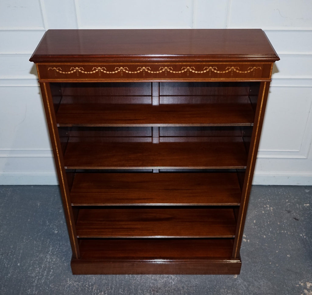 LARGE VINTAGE EDWARDIAN STYLE INLAID SHERATON OPEN BOOKCASE ADJUSTABLE SHELVES