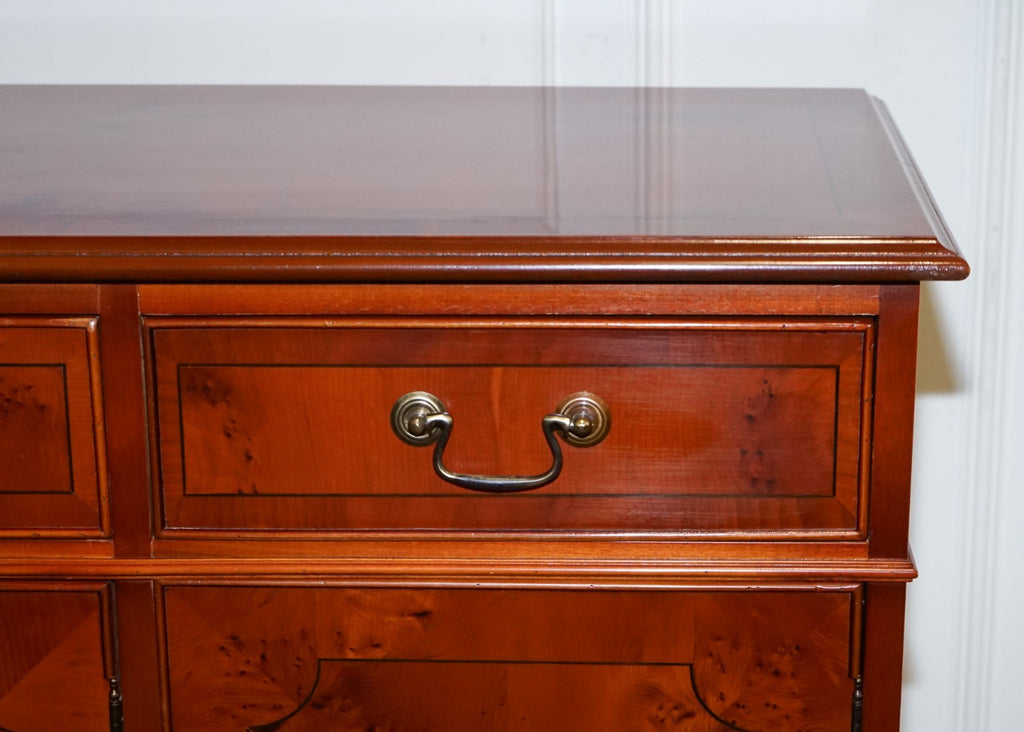 VINTAGE BURR YEW WOOD SIDEBOARD WITH FOUR CUPBOARDS & DRAWERS