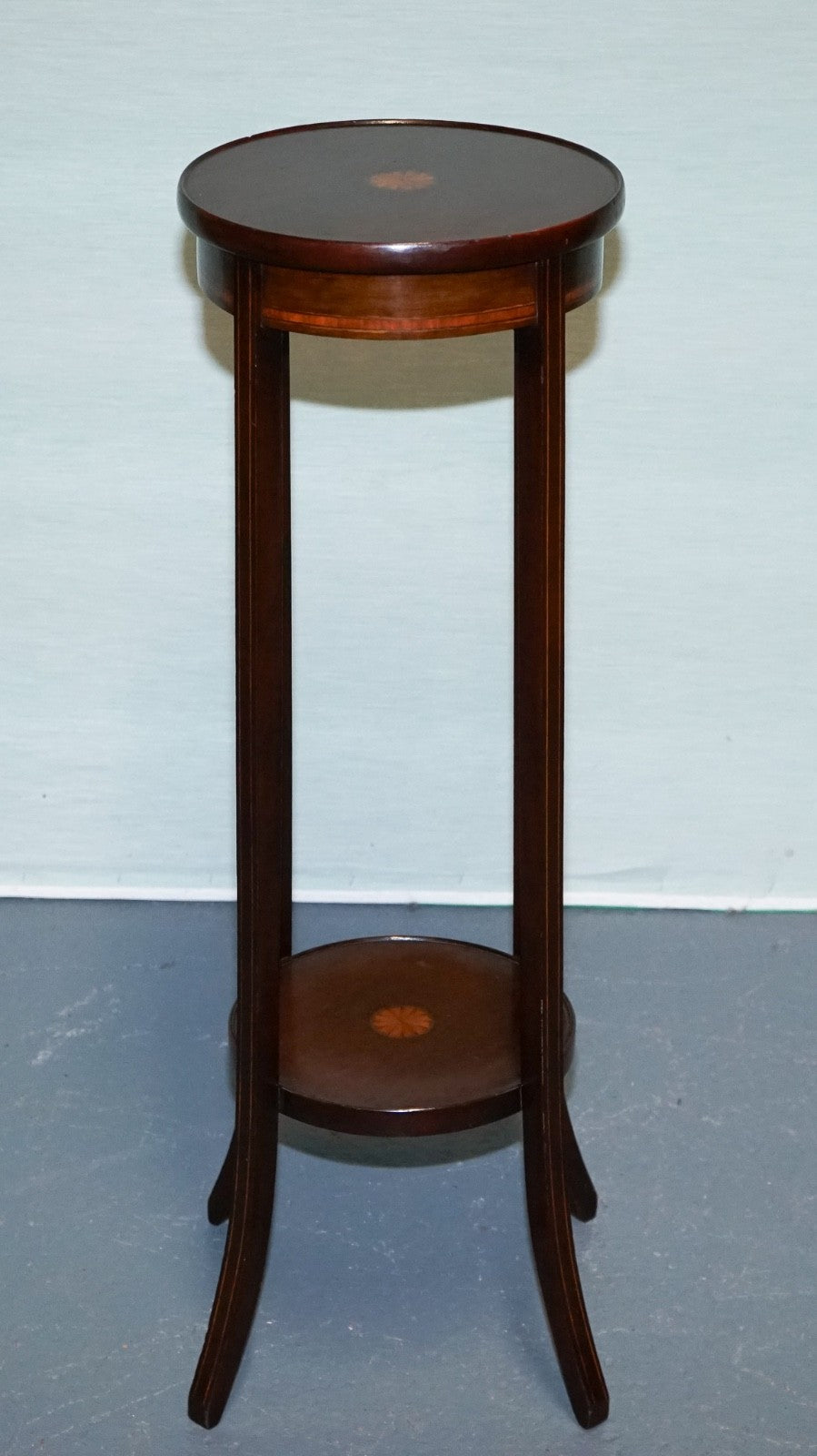 ANTIQUE HARDWOOD TWO TIER PLANT STAND WITH STARBURST MARQUETRY INLAY