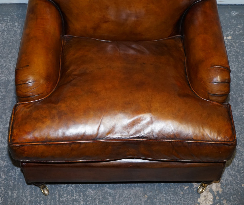 LARGE PAIR HOWARD STYLE HAND DYED LEATHER ARMCHAIRS FEATHER FILLED CUSHIONS
